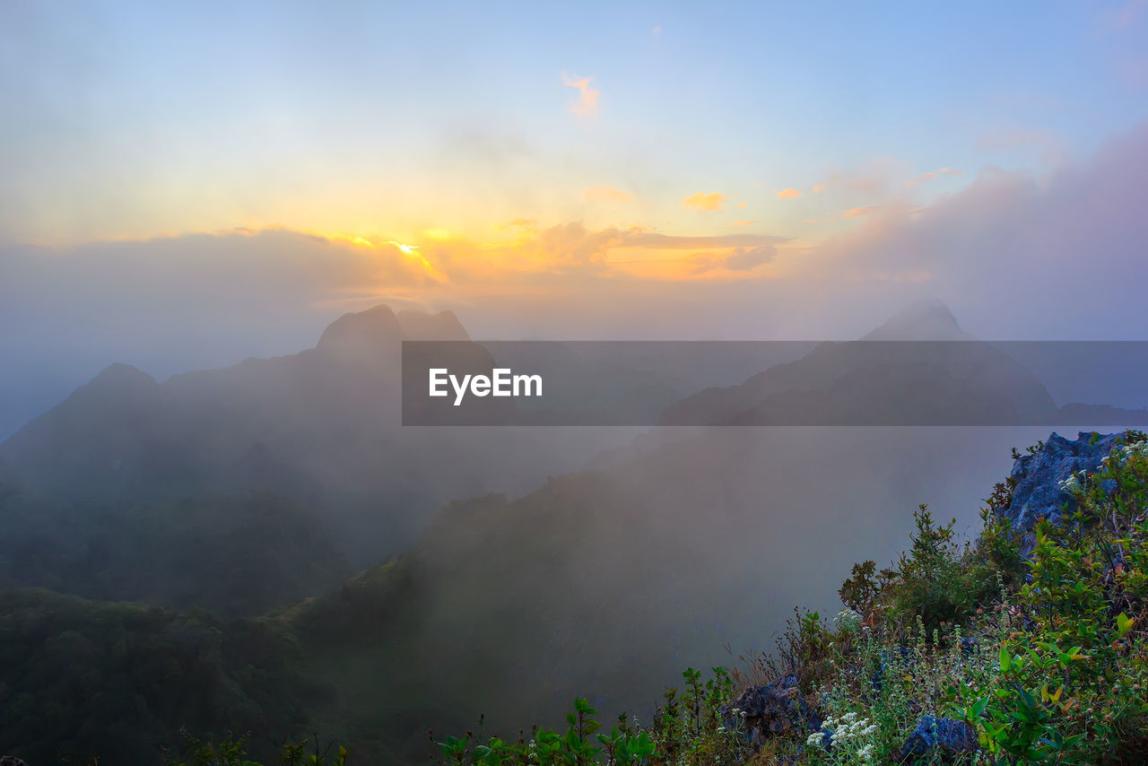 SCENIC VIEW OF MOUNTAIN RANGE AGAINST SKY DURING SUNSET