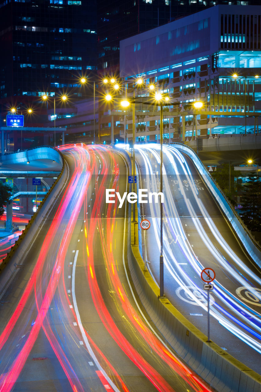 Light trails on road at night