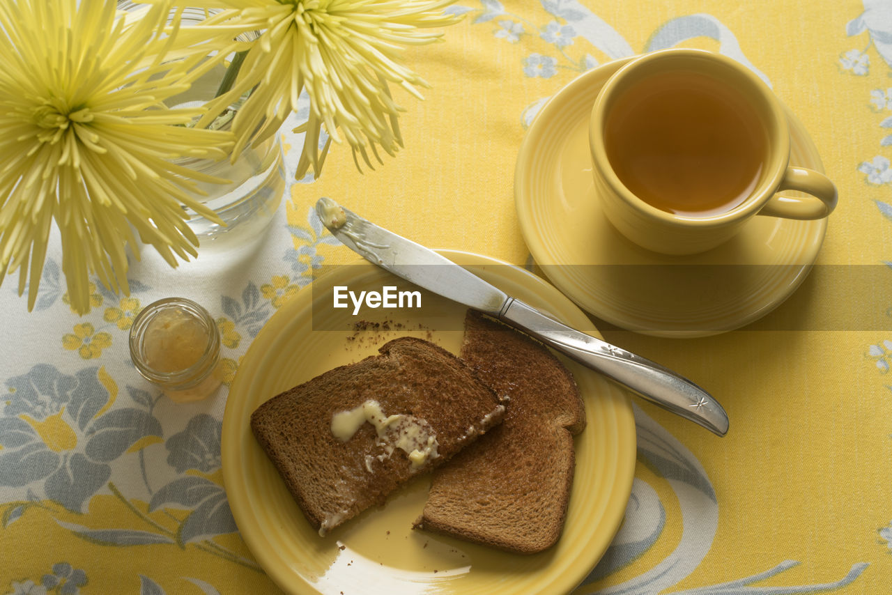 High angle view of breakfast on table