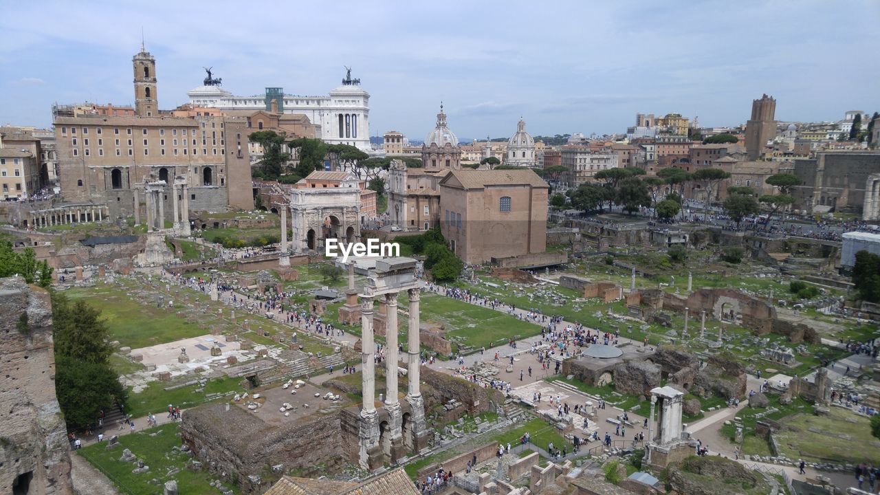 High angle view of roman forum against sky