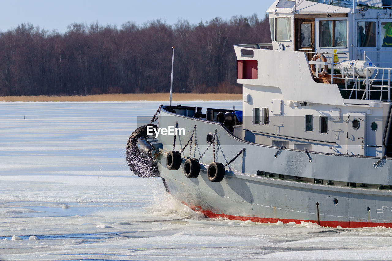 View of nautical vessel in sea during winter