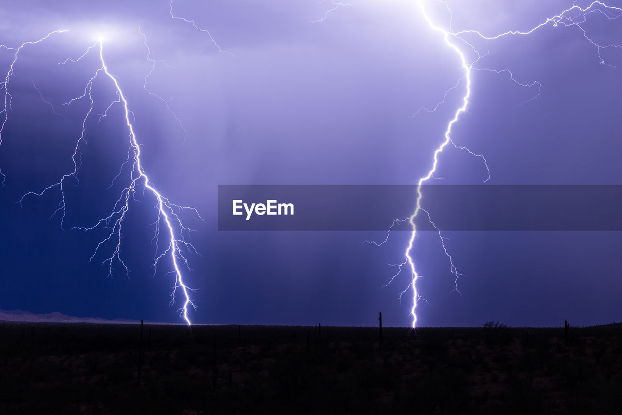 Twin lightning bolts strike as a thunderstorm moves across the desert near gila bend, arizona.