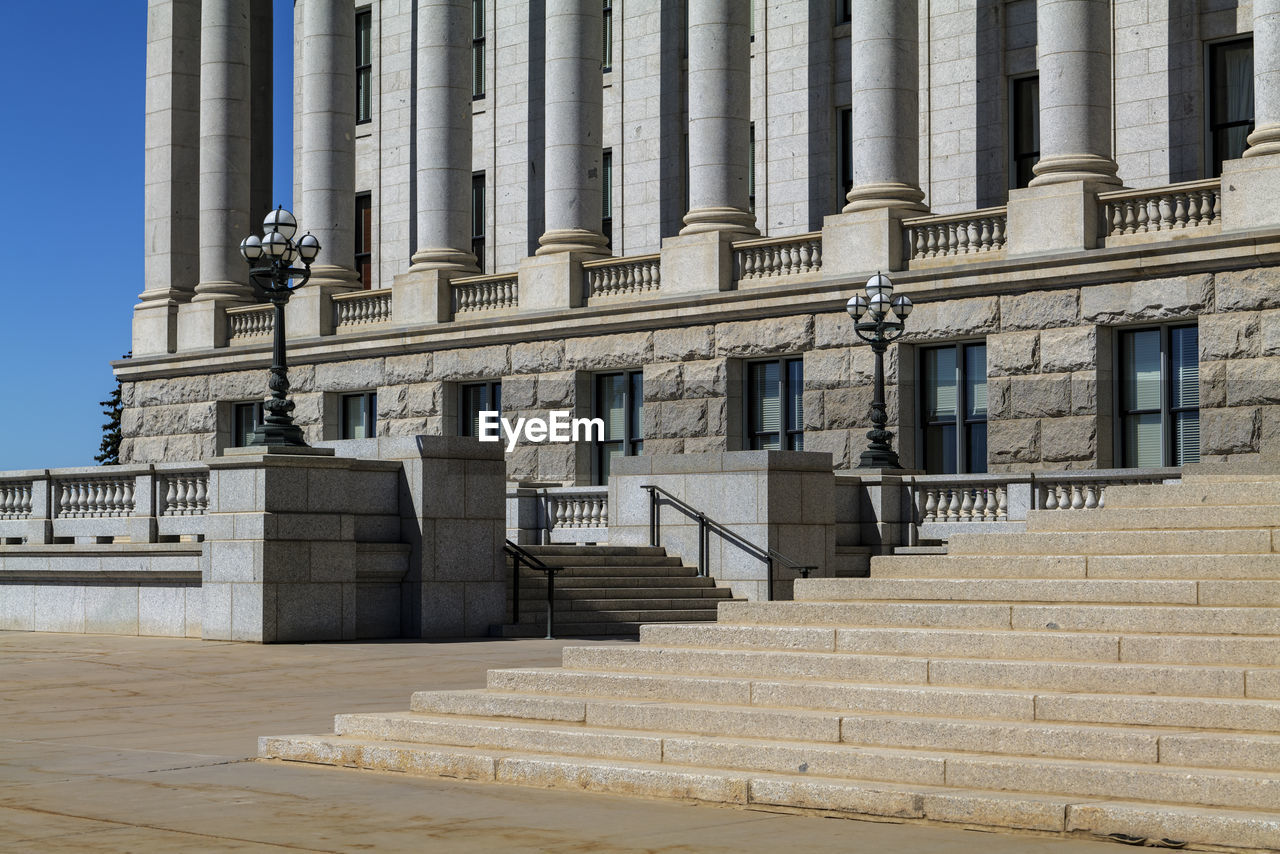 Front of the capitol, government building on a sunny day in the usa.