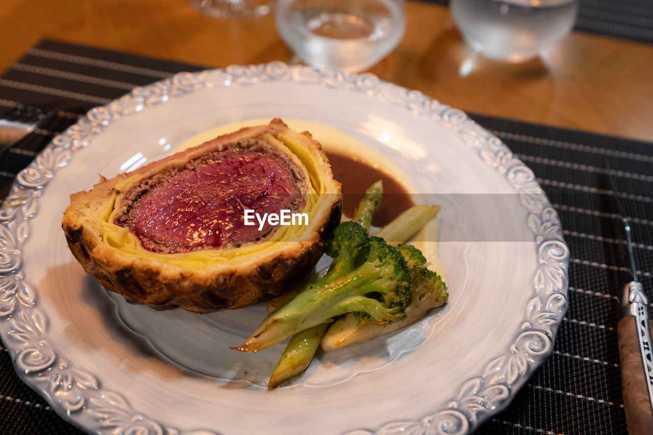 High angle view of beef wellington served in plate