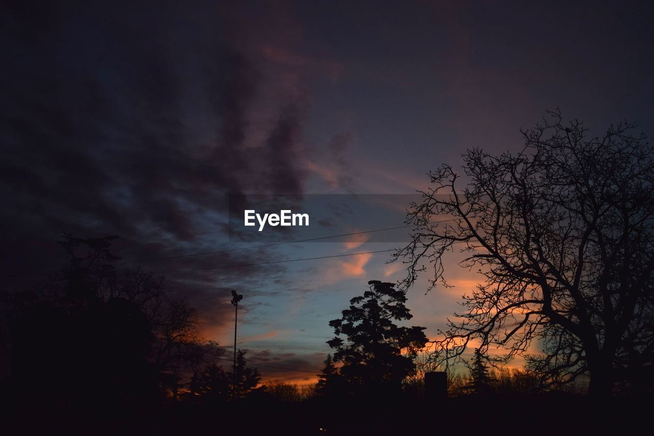 Low angle view of silhouette trees against dramatic sky