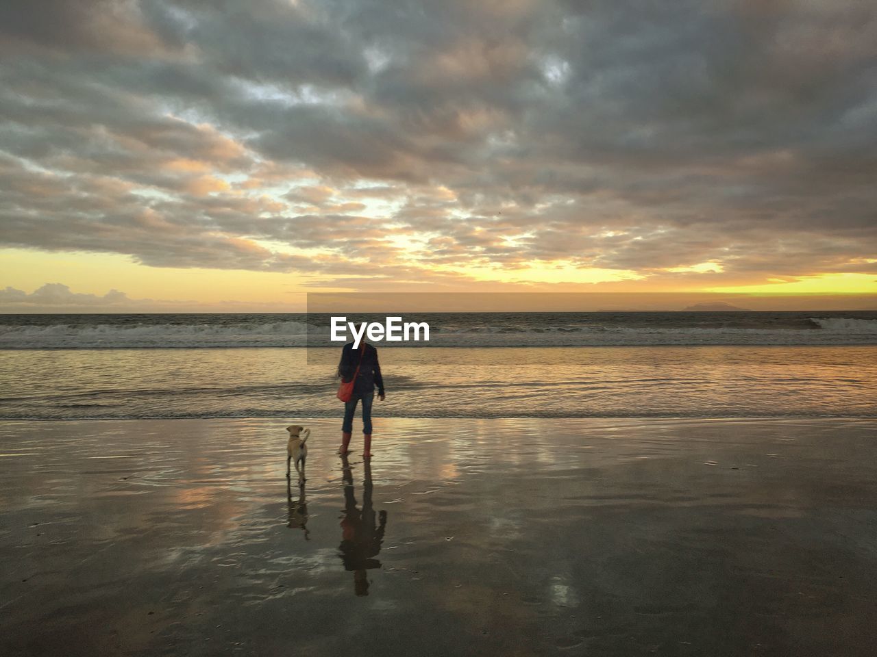 Woman with dog standing at beach against sky during sunset