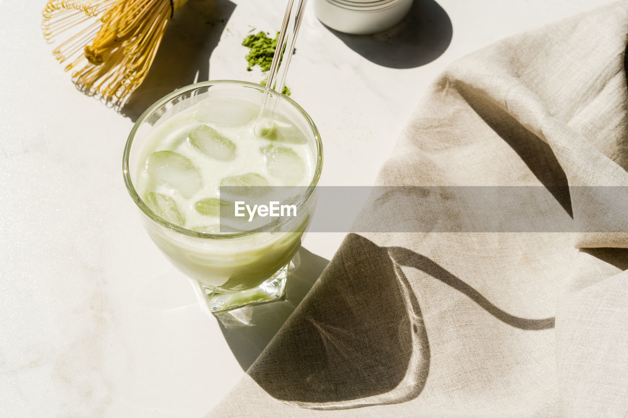 High angle view of drink on table