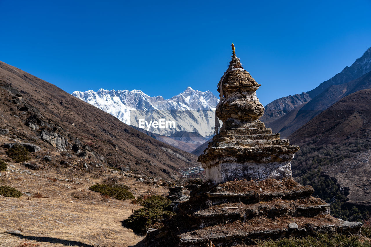 Scenic view of snowcapped mountains against clear blue sky