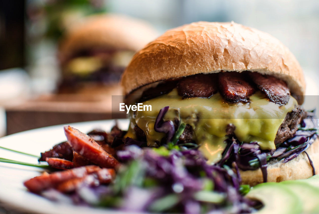 Close-up of hamburger served in plate