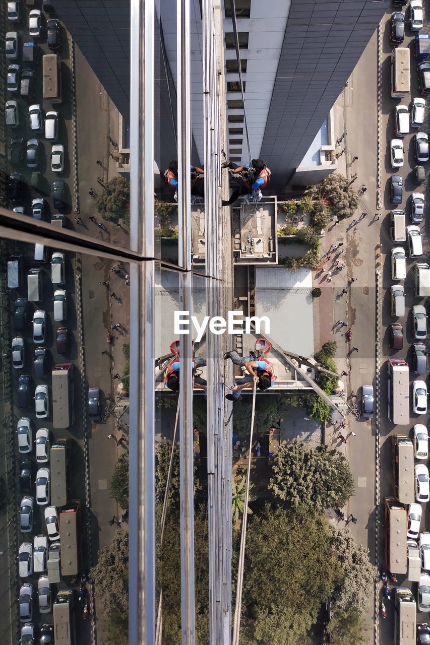 High angle view of street amidst buildings in city