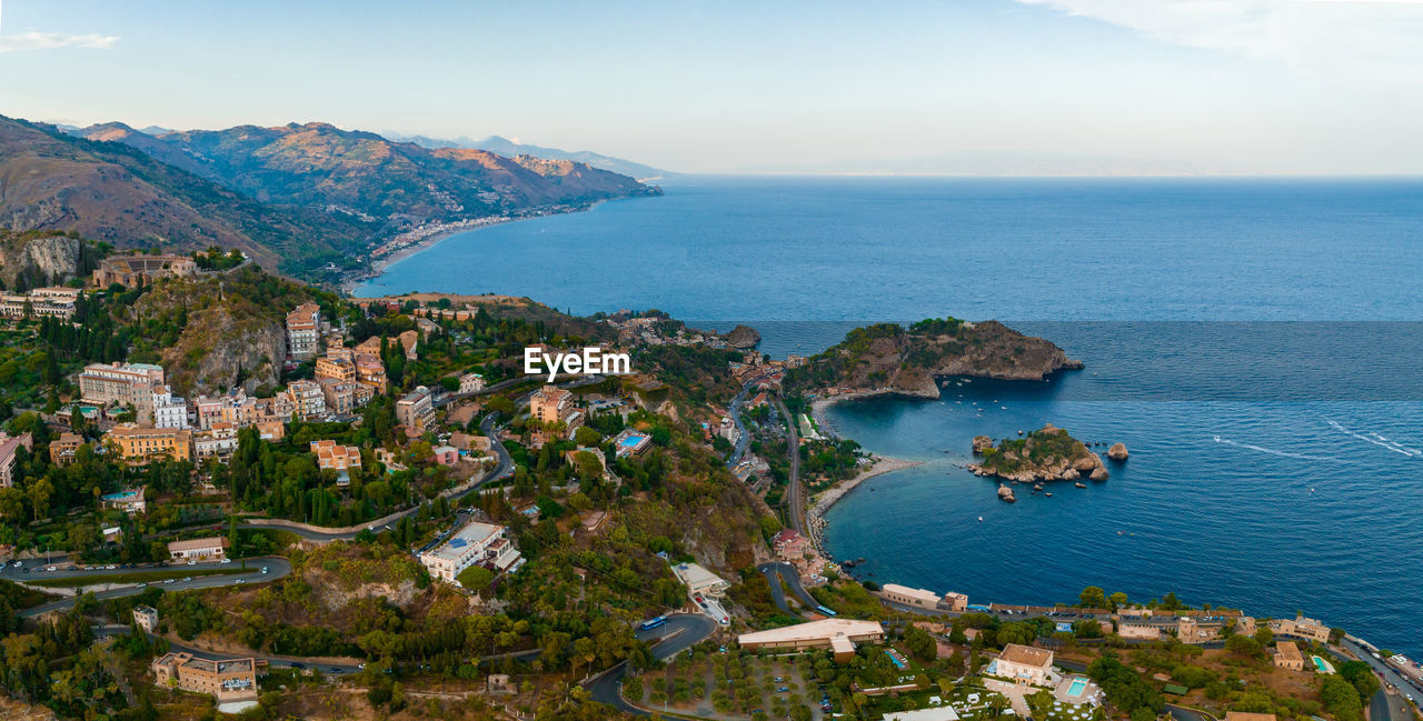 Panoramic aerial view of isola bella island and beach in taormina.