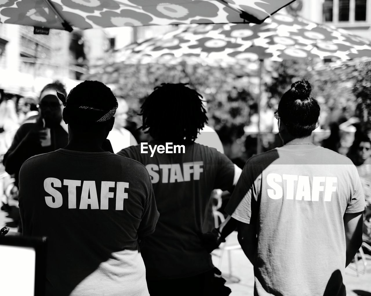 Rear view of people in staff uniform standing on field