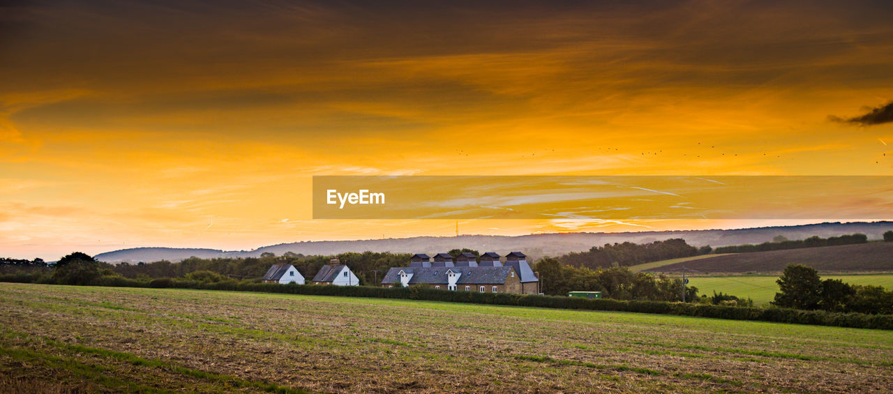 SCENIC VIEW OF GRASSY FIELD AGAINST SKY DURING SUNSET