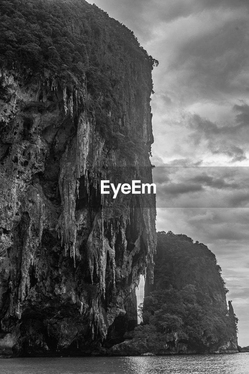 SCENIC VIEW OF ROCK FORMATION BY SEA AGAINST SKY