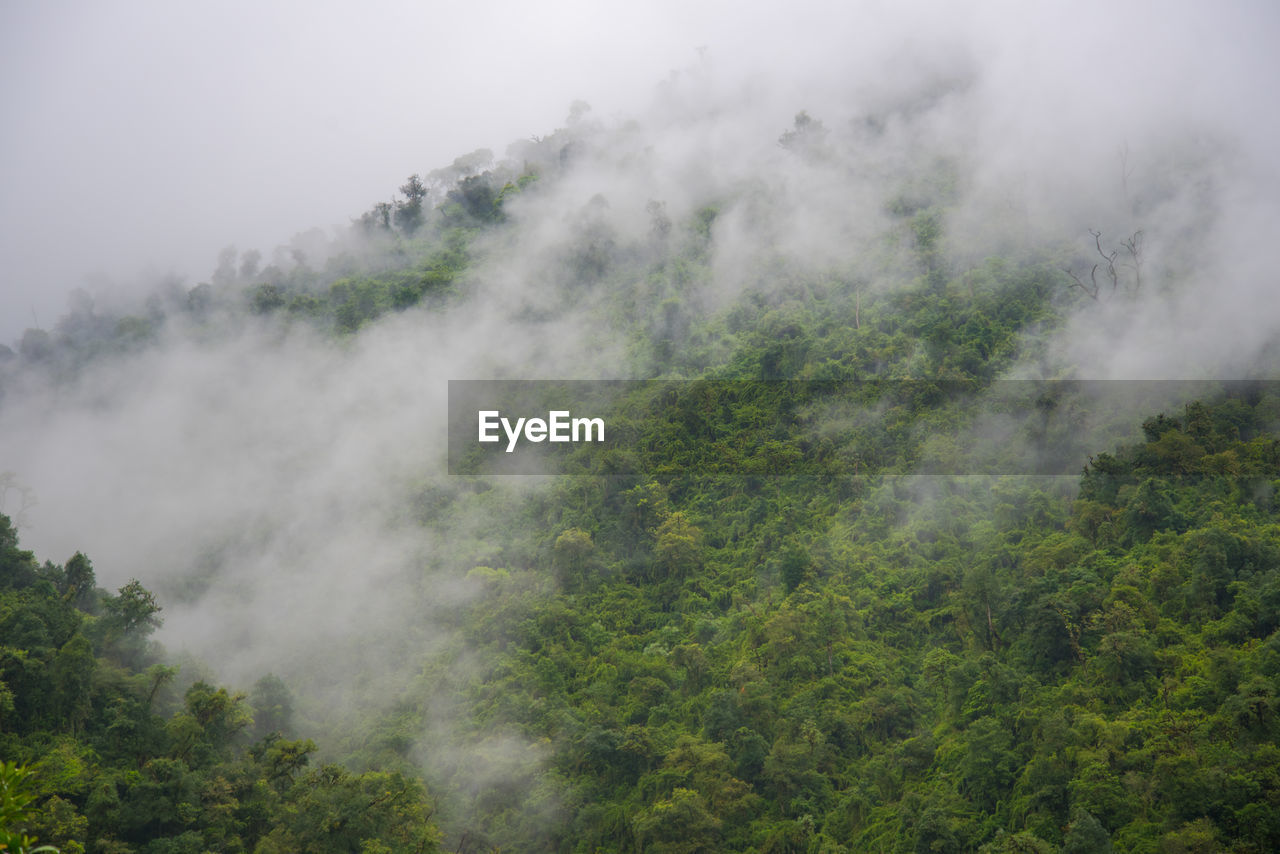 Scenic view of fog on mountain against sky