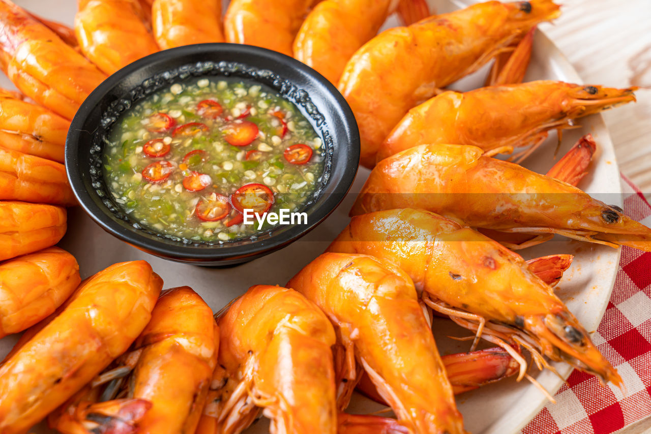 high angle view of seafood on table