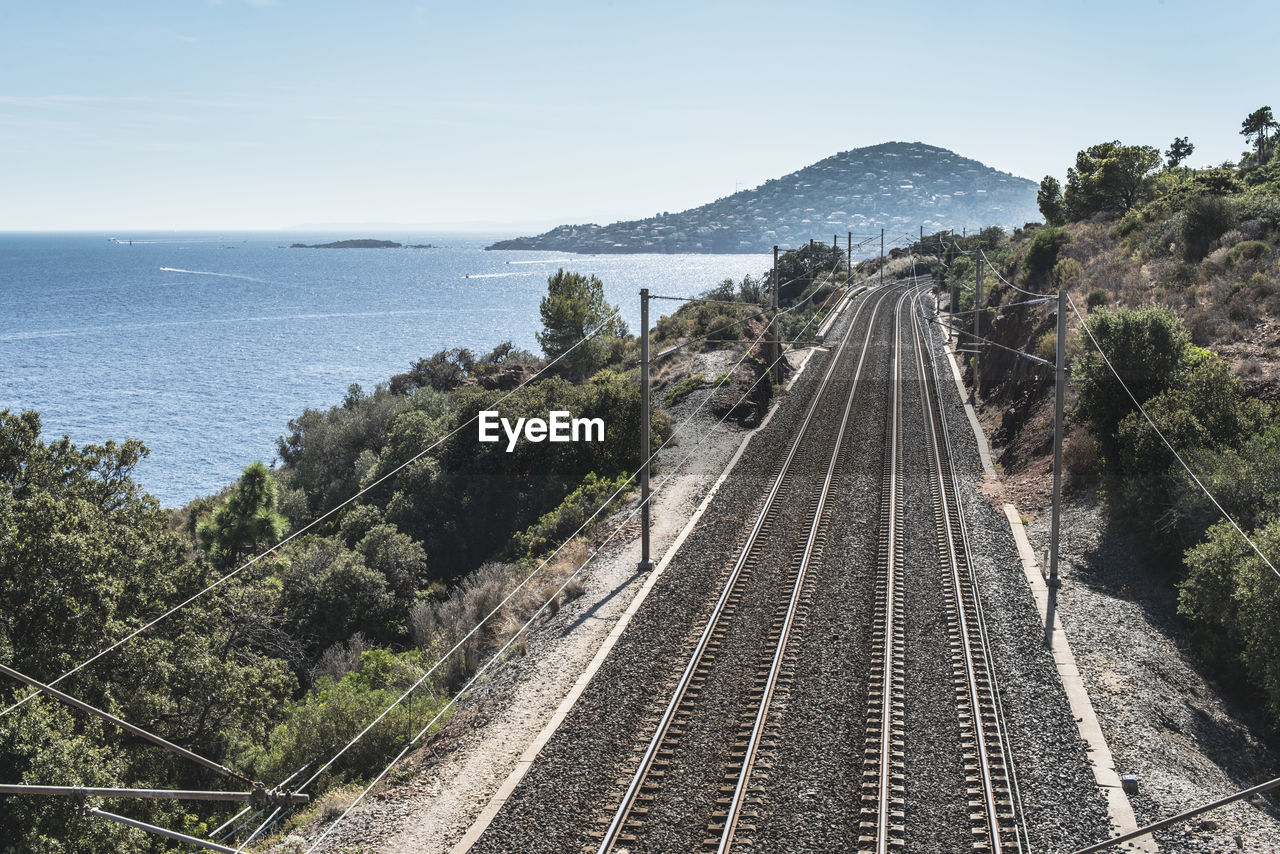 HIGH ANGLE VIEW OF RAILROAD TRACKS BY SEA