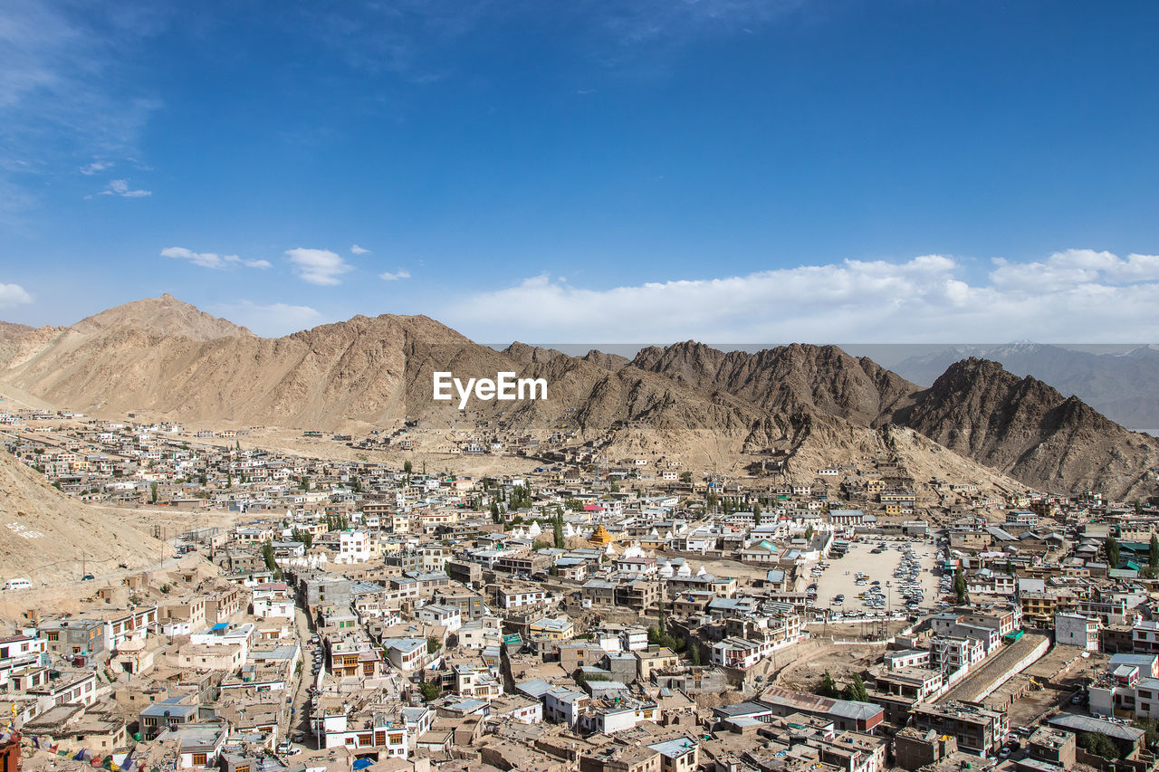 Landscape of leh-ladakh city with blue sky, northern india. it is located in the indian himalayas