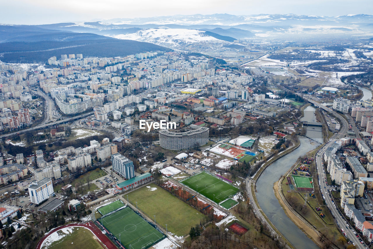 Aerial urban landscape, houses and flat of blacks. above view of cluj napoca city, romania