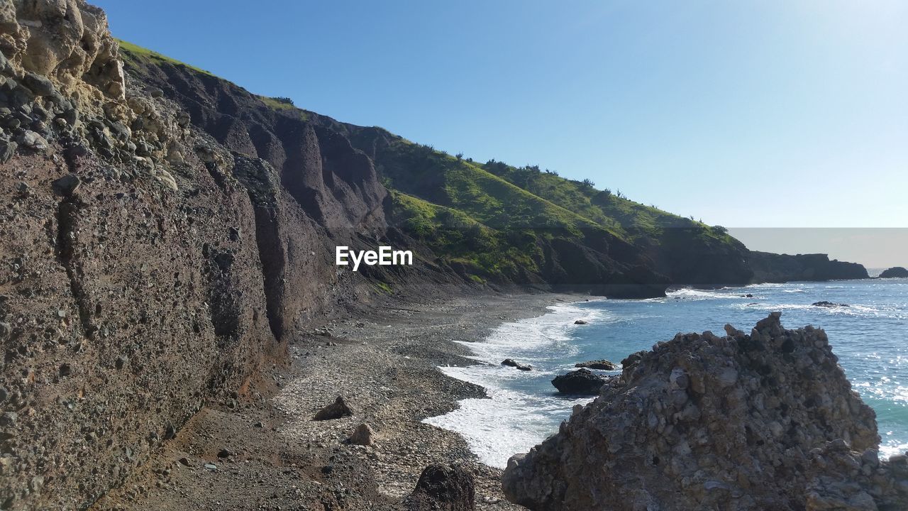 ROCKS BY SEA AGAINST CLEAR SKY