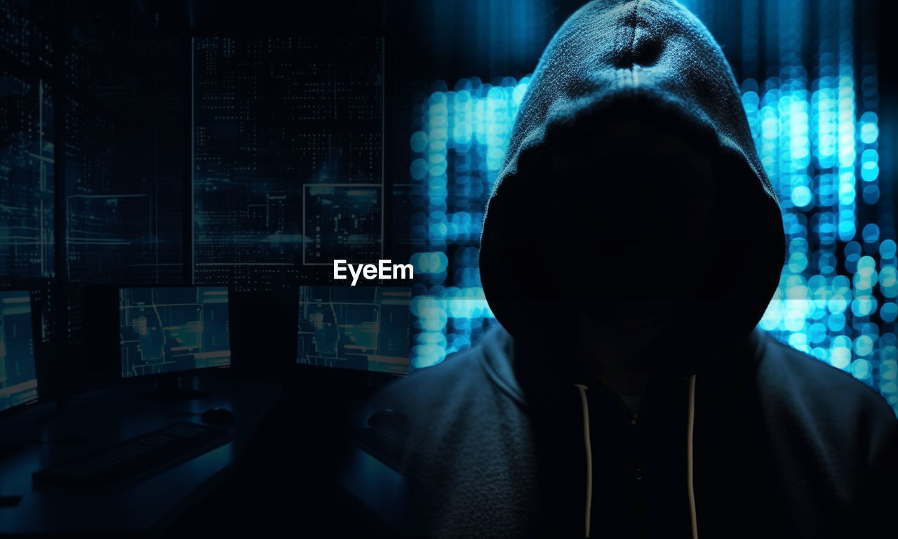 darkness, one person, technology, adult, computer, screenshot, using computer, light, dark, internet, portrait, headshot, communication, blue, wireless technology, computer network, men, computer equipment, indoors, hood, hood - clothing, night, silhouette, front view, looking, computer monitor