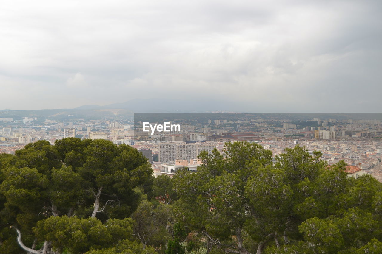 High angle view of trees and buildings against sky