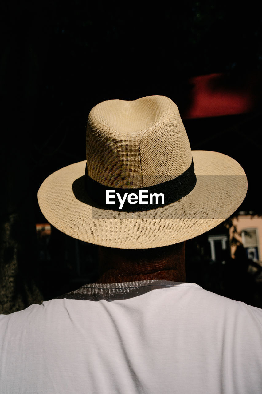 Rear view portrait of man wearing hat at day