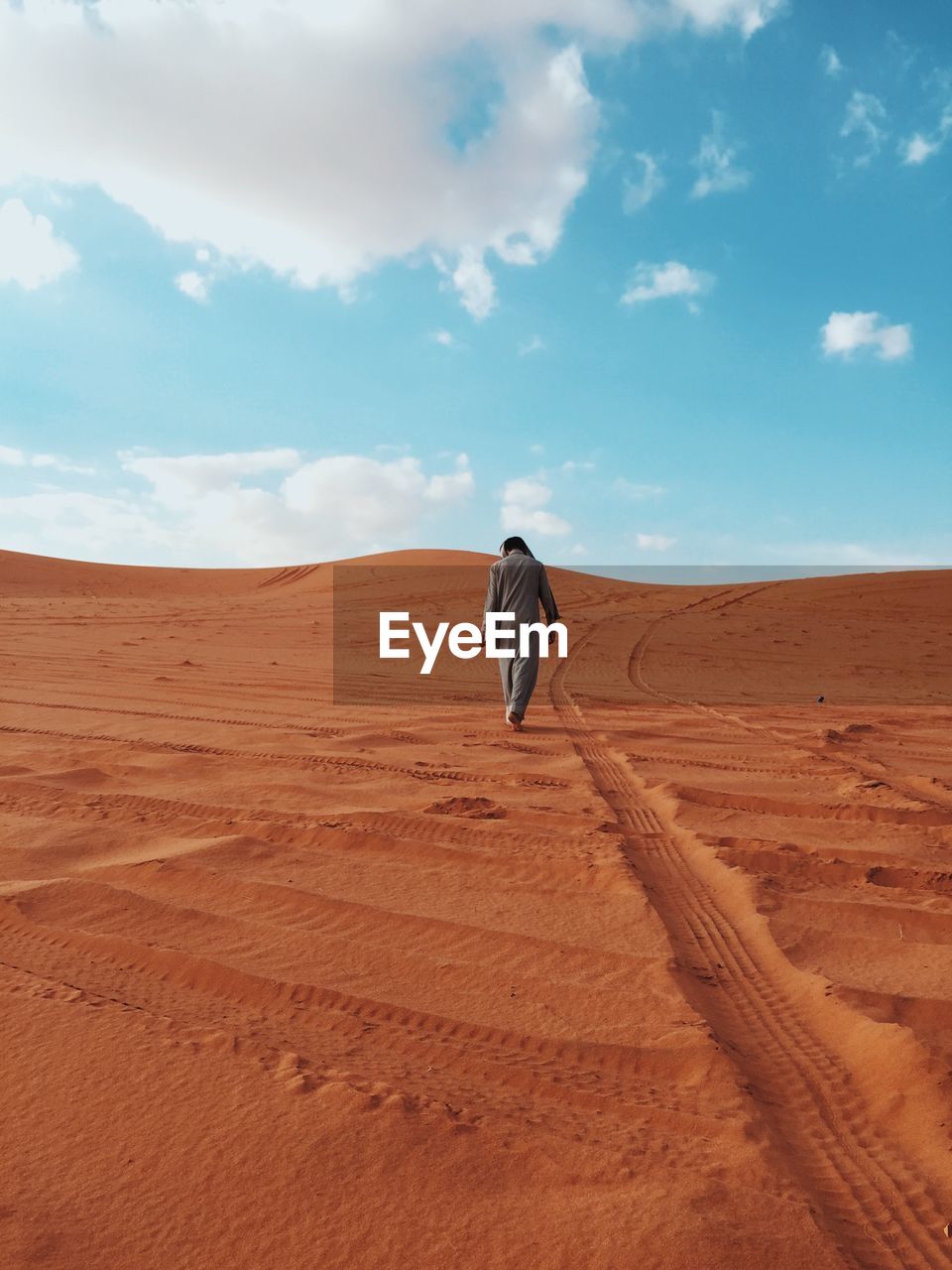 Rear view of man walking on desert