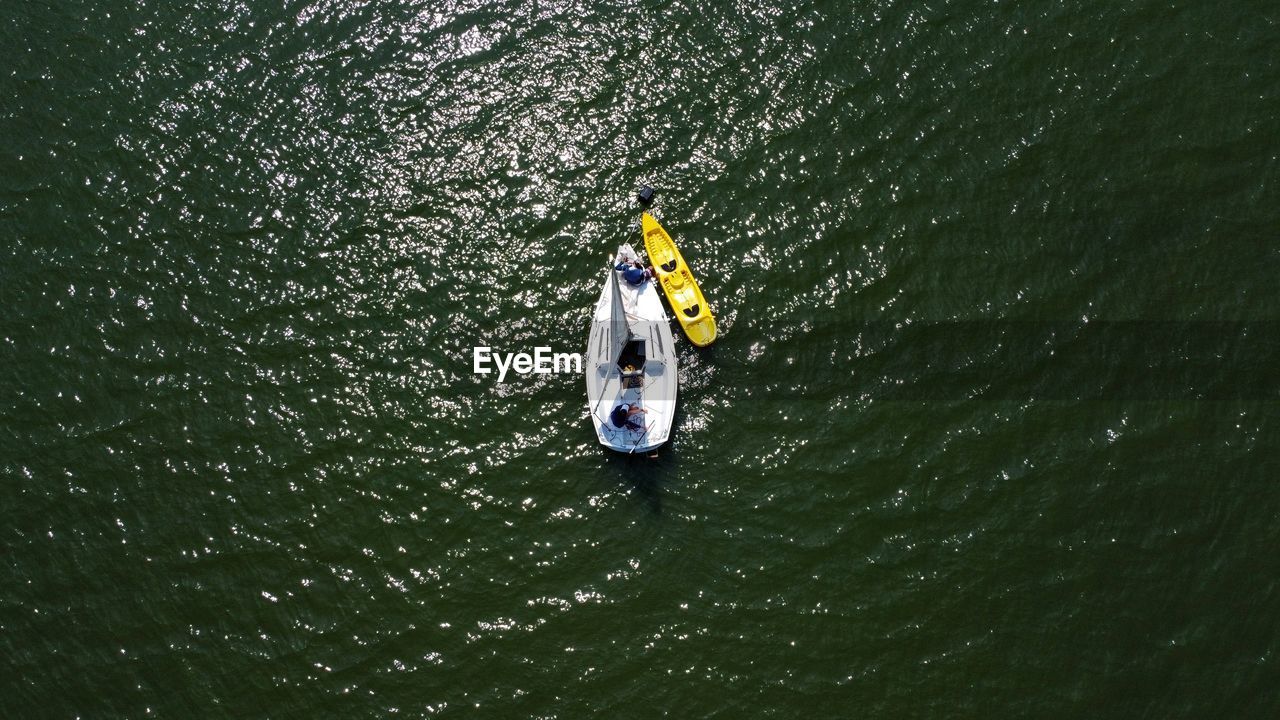 High angle view of man on boat in river