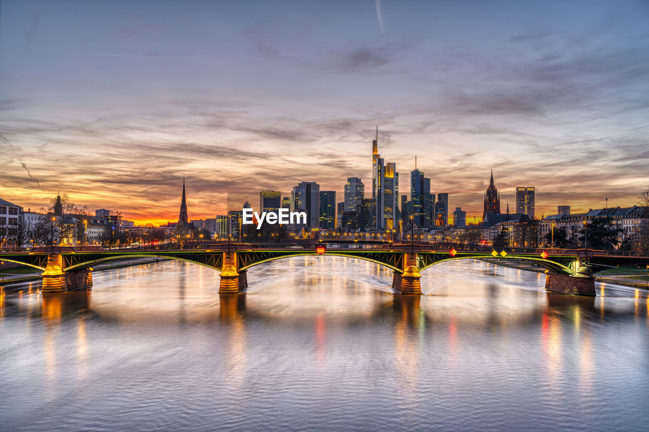 Beautiful sunset over downtown frankfurt and the river main
