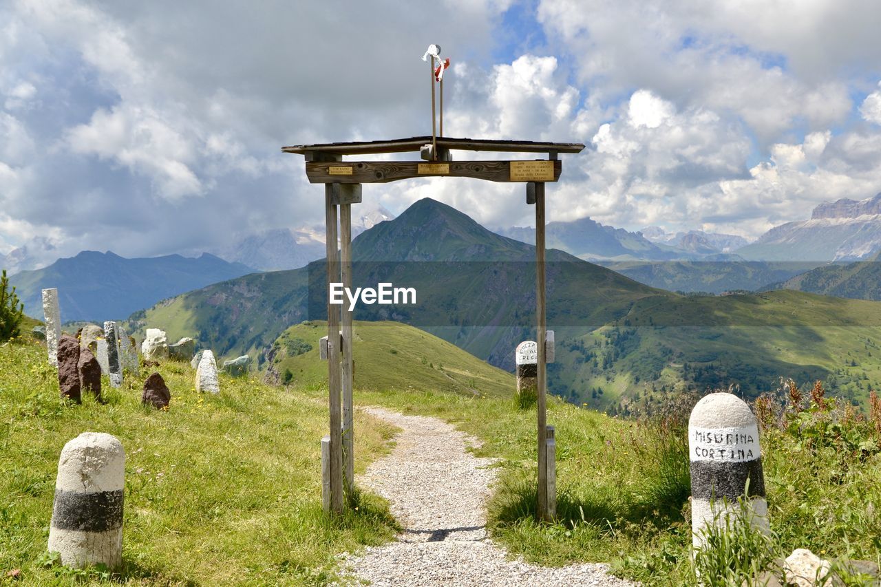 Built structure on landscape against sky