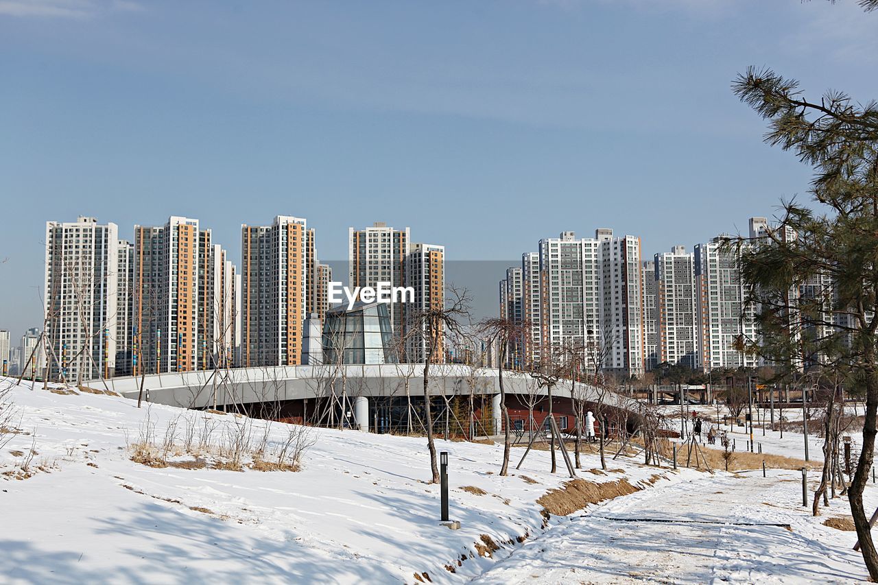 SNOW COVERED BUILDINGS AGAINST CLEAR SKY