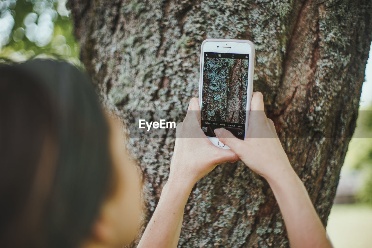 Young woman holding mobile phone taking photo of tree