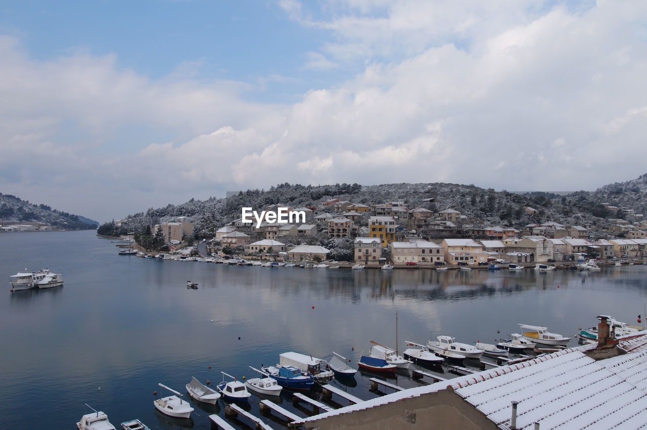 Panoramic view of townscape by sea against sky