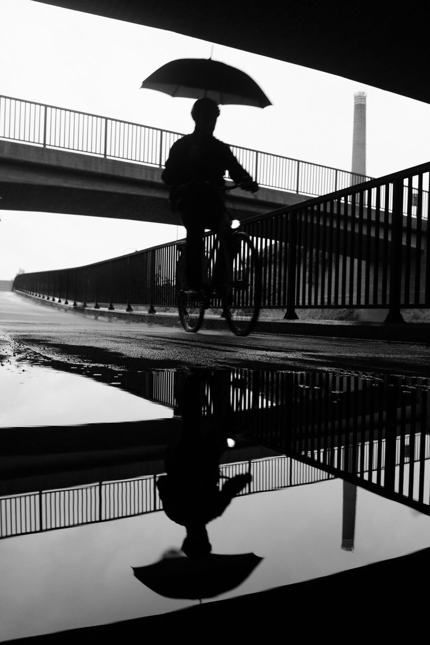 SILHOUETTE PEOPLE WALKING ON FOOTBRIDGE OVER WATER