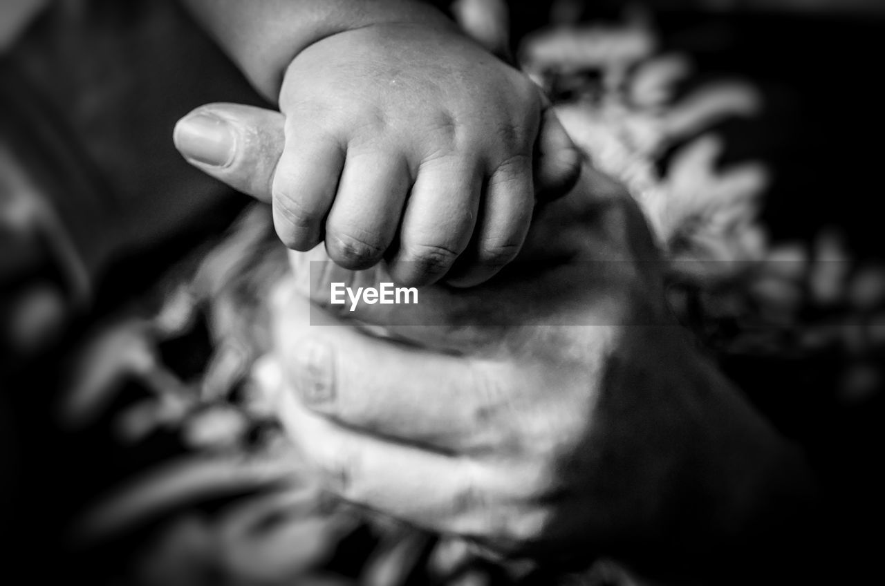 Close-up of mother holding baby hands