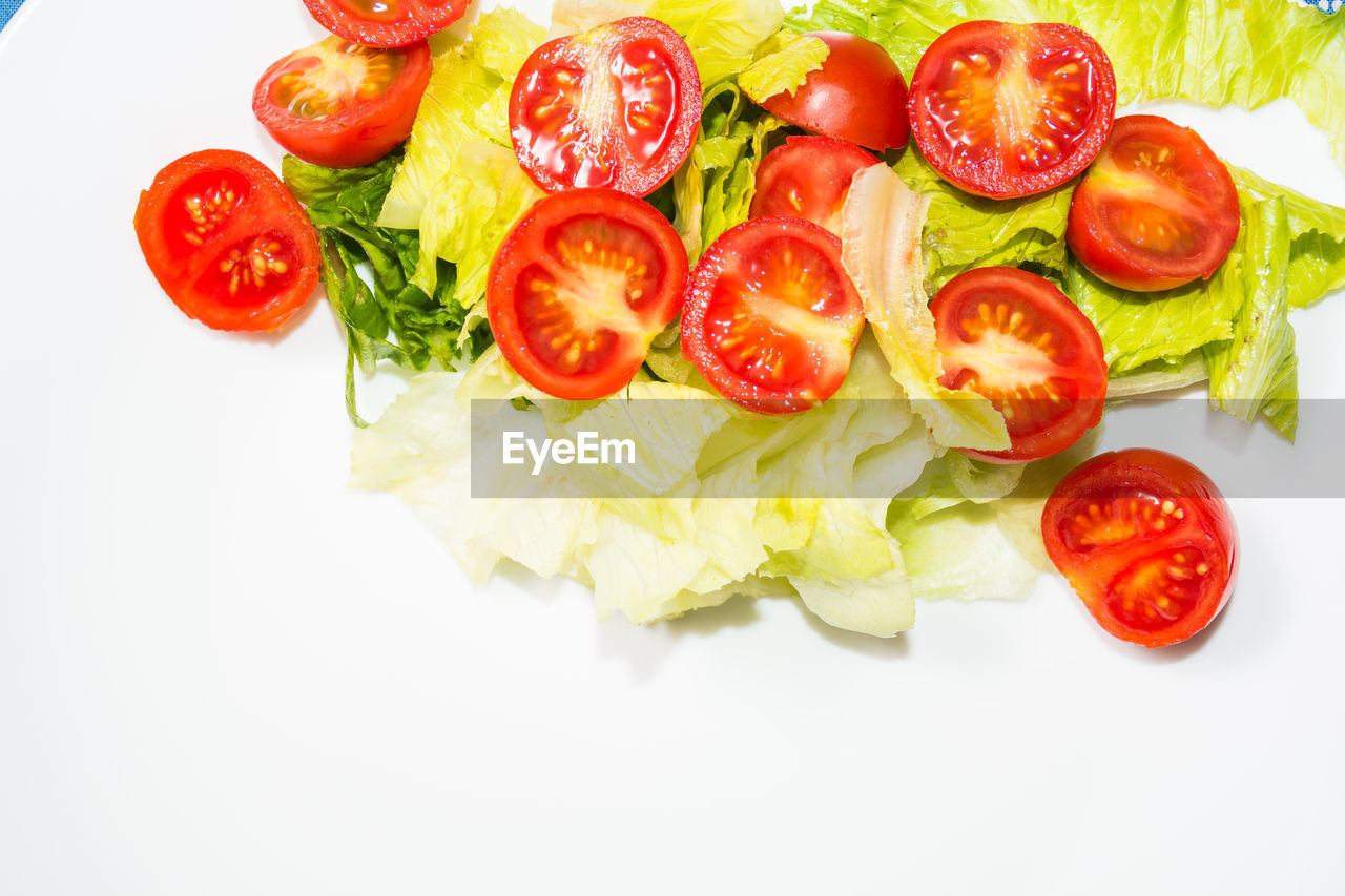 HIGH ANGLE VIEW OF CHOPPED FRUITS IN PLATE AGAINST WHITE BACKGROUND