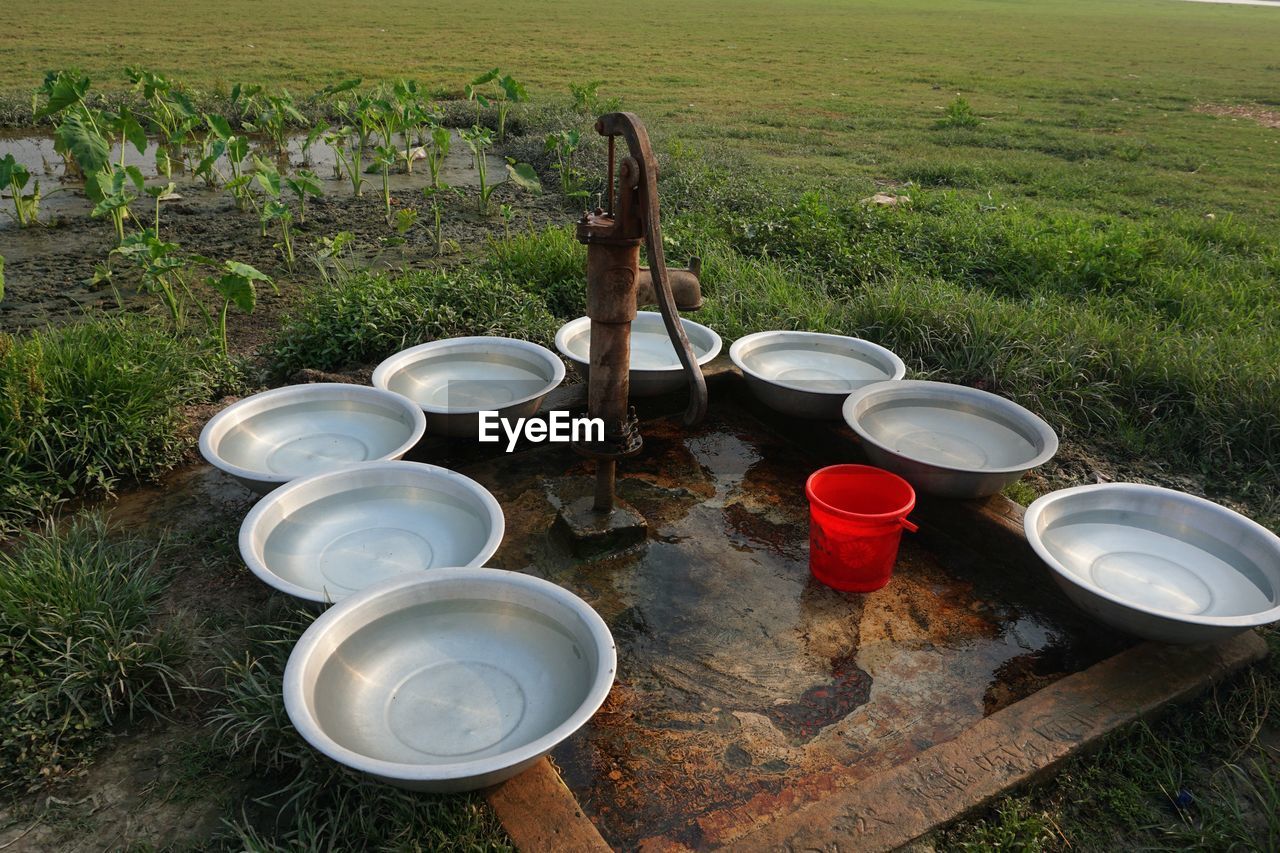 HIGH ANGLE VIEW OF EMPTY TEA ON FIELD