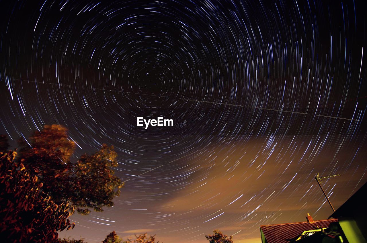 Low angle view of star trails and tree against sky