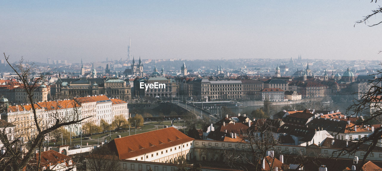 HIGH ANGLE VIEW OF BUILDINGS IN CITY AGAINST CLEAR SKY