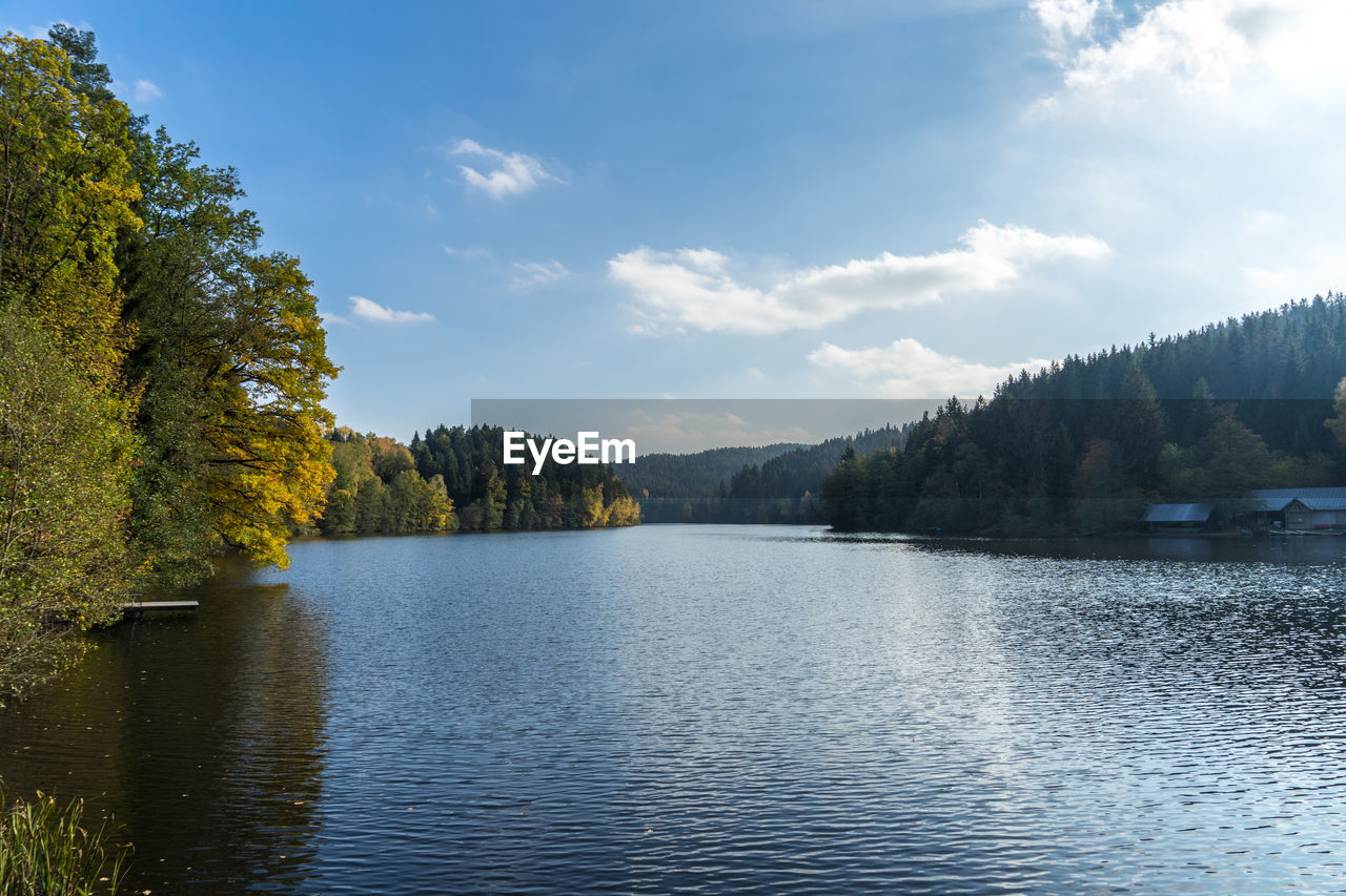 Scenic view of lake in forest against sky