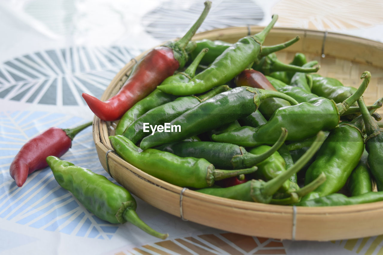 food, food and drink, vegetable, healthy eating, freshness, produce, wellbeing, dish, green, no people, plant, chili pepper, pepper, spice, indoors, basket, organic, large group of objects, environmental conservation, high angle view