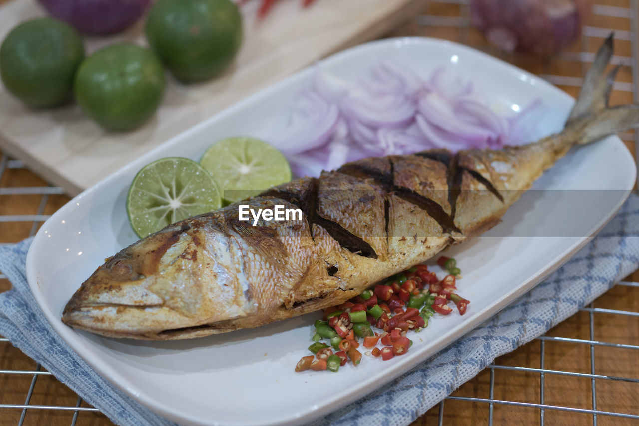 HIGH ANGLE VIEW OF FOOD SERVED IN PLATE