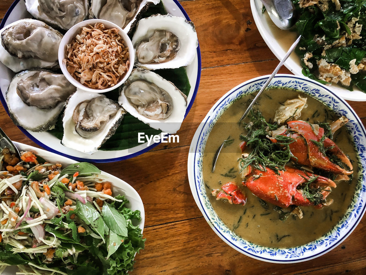 High angle view of food served on table