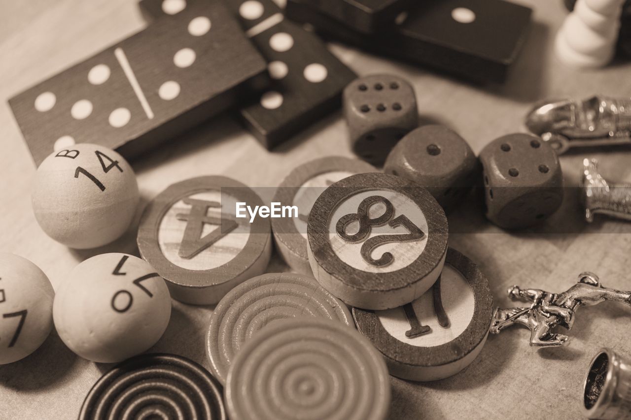 High angle view of toys on table