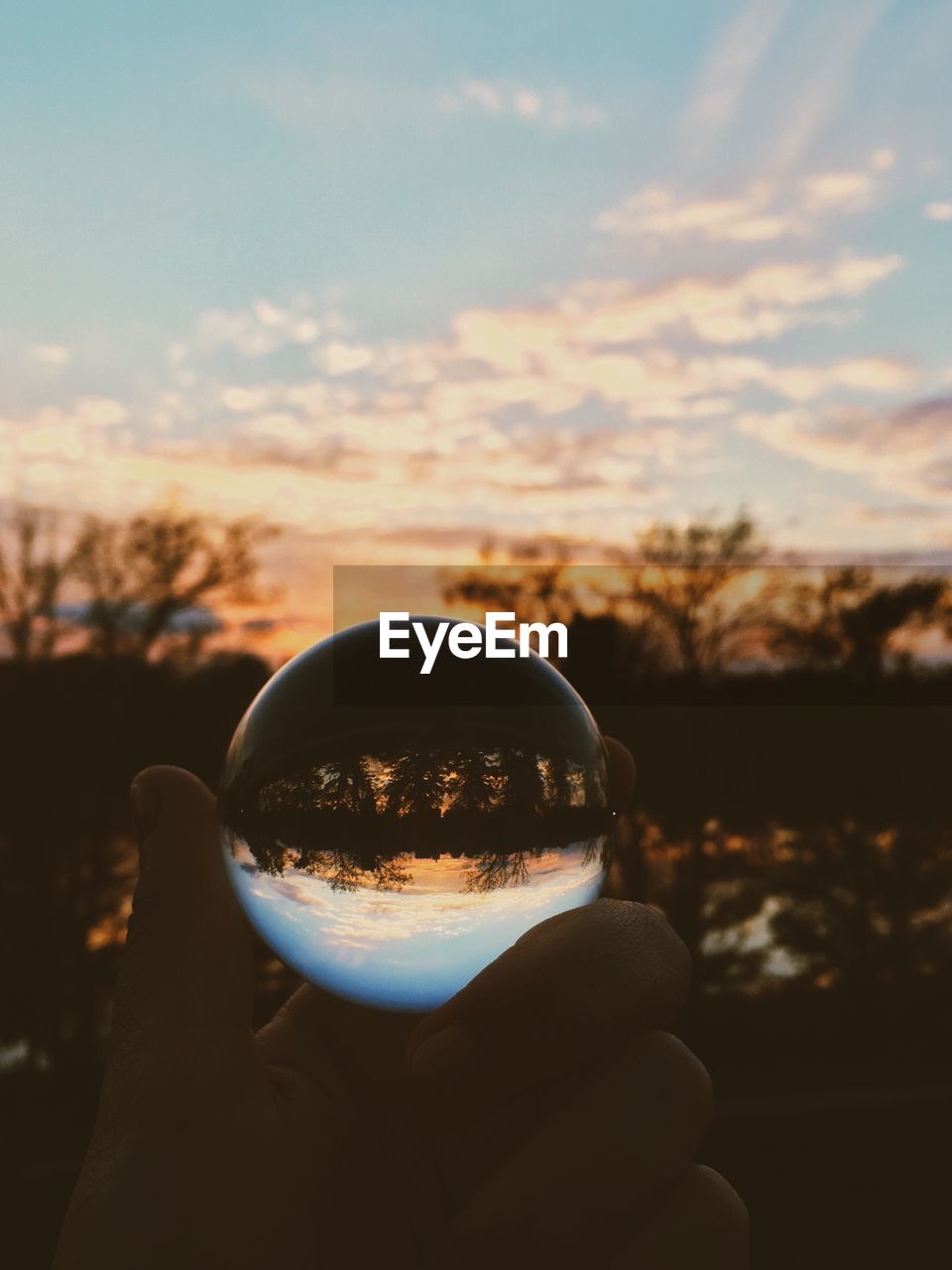 Man holding crystal ball with reflection of lake and trees in it