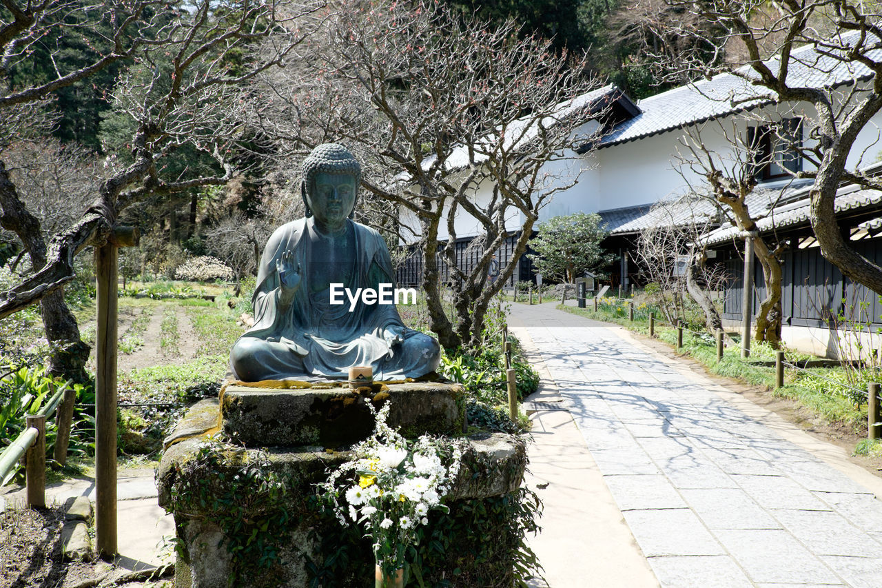 Buddha statue by footpath against house