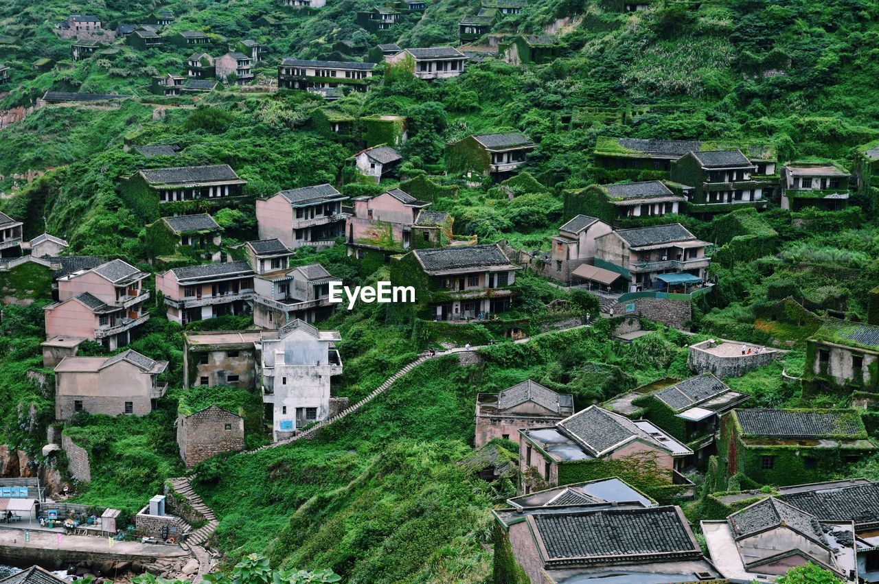 High angle view of buildings in town