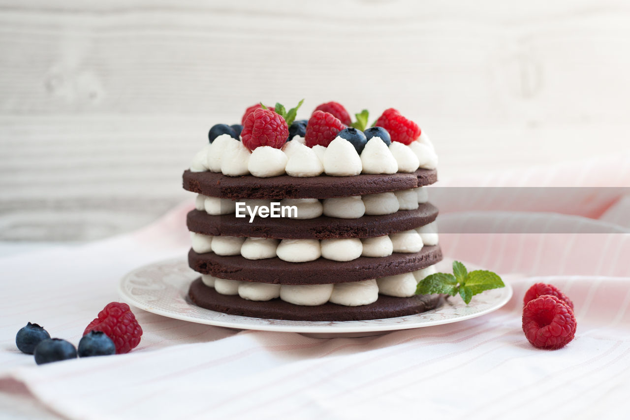 Close-up of strawberry cake on table