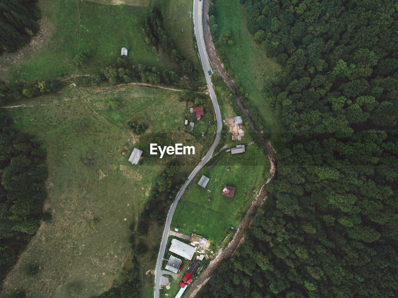 High angle view of road amidst field